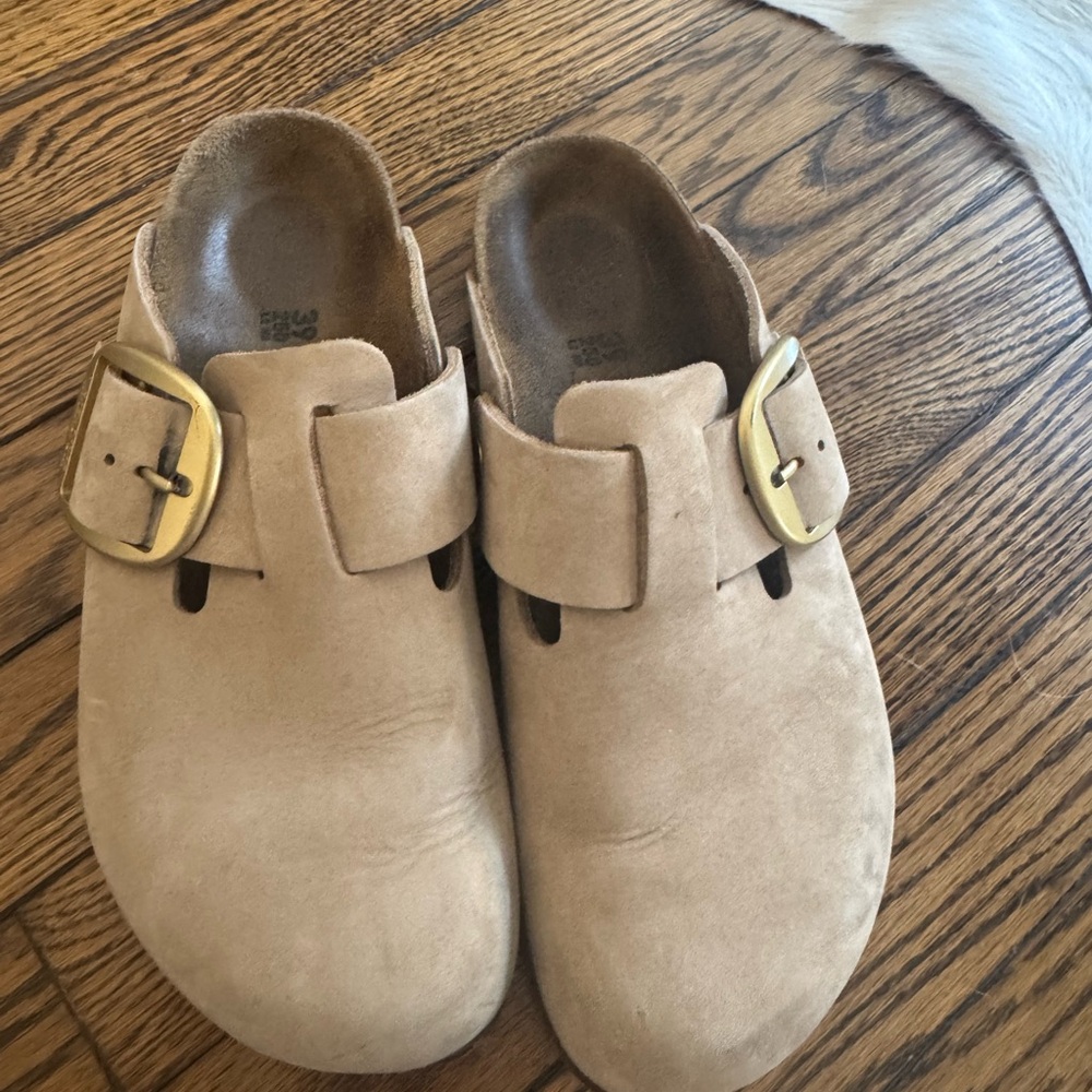 Birkenstock Tan Suede Mules with Gold Buckle